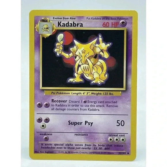 Kadabra 32/102 Unlimited Base Set Pokemon TCG WOTC Non Holo Vintage 1999 LP - Picture 1 of 6
